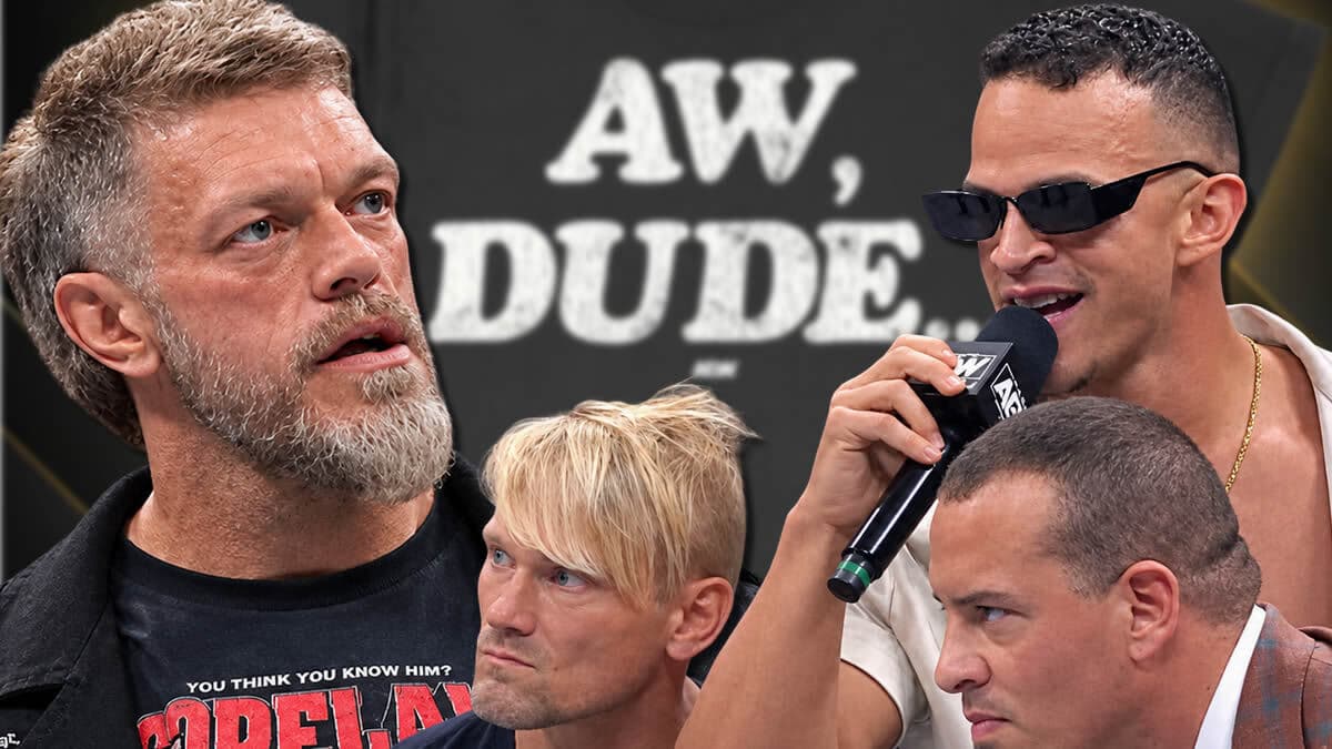 Graphic of Adam Copeland and Ricky Saints with 'Aw, Dude' in the middle