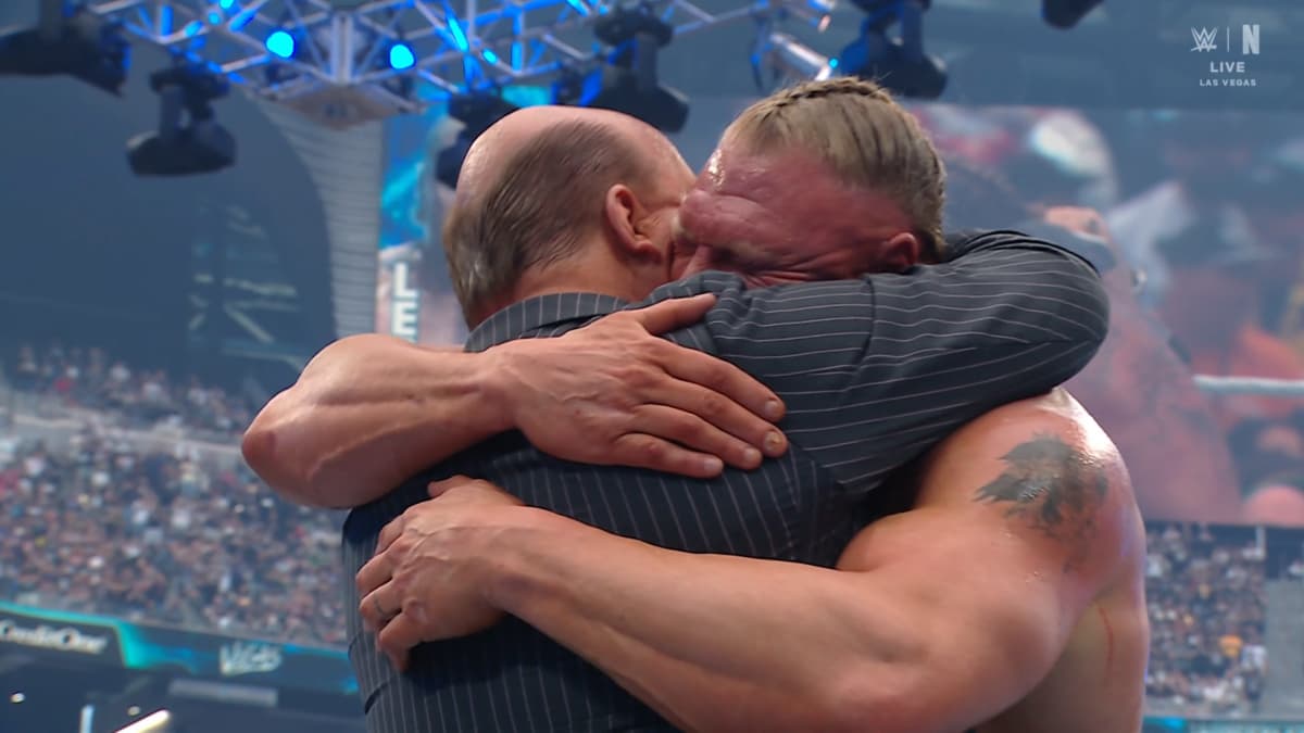 Brock Lesnar and Paul Heyman hugging at WWE WrestleMania 42
