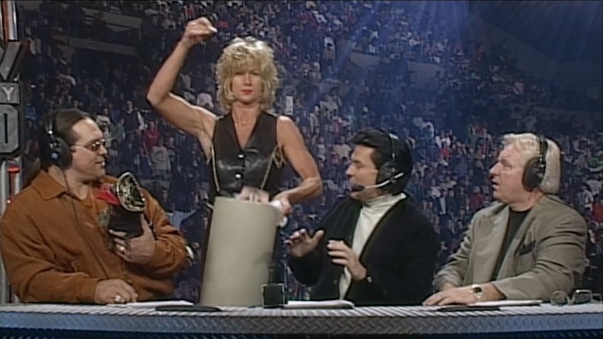 Madusa putting the WWE Women's Title in a trash can on WCW Monday Nitro