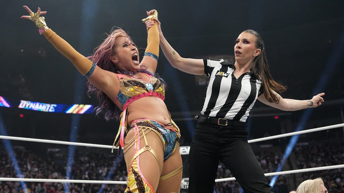 Mina Shirakawa celebrating as Aubrey Edwards looks shocked on May 14 episode of AEW Dynamite 