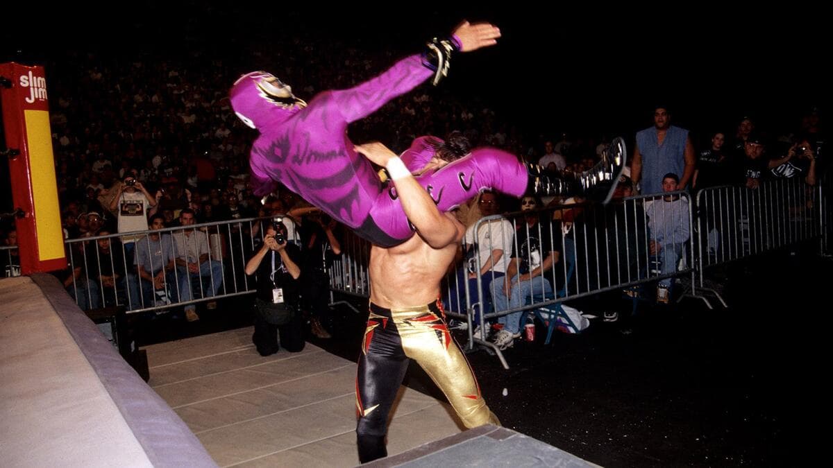 Rey Mysterio with a hurricanrana to Eddie Guerrero at WCW Halloween Havoc 1997