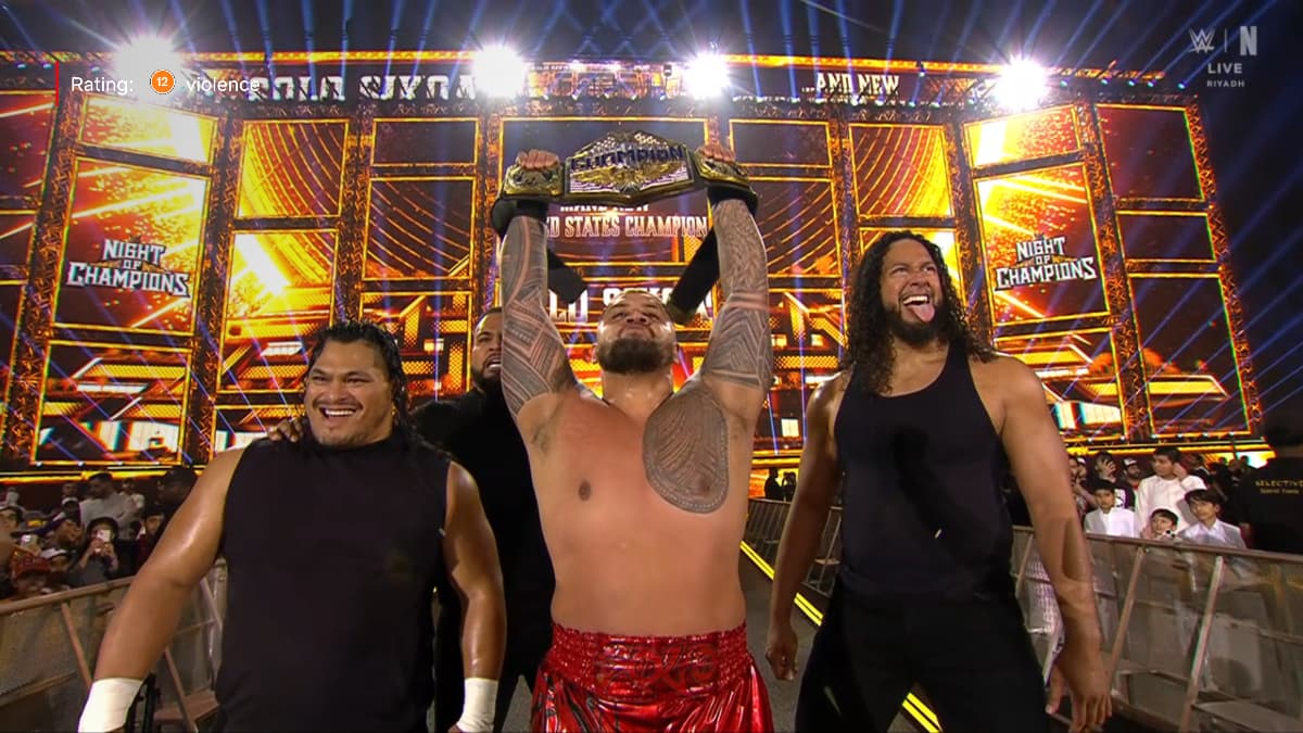 Solo Sikoa celebrating with Hikuleo, Tonga Loa, and JC Mateo
