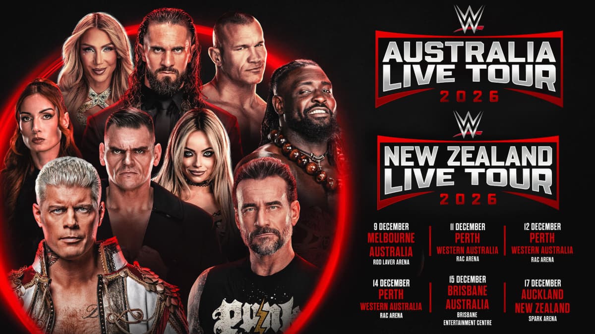 Various WWE stars shown next to tour dates for an Australia & New Zealand tour