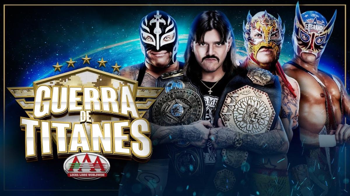Logo for AAA Guerra de Titanes with Rey Mysterio, Dominik Mysterio, Rey Fenix, and El Grande Americano