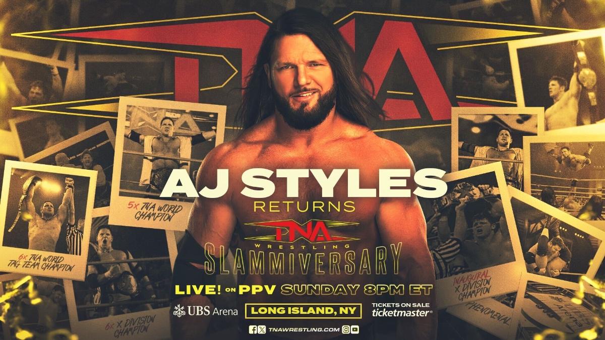 Graphic with AJ Styles standing in the middle surrounded by the TNA Slammiversary 2025 logo