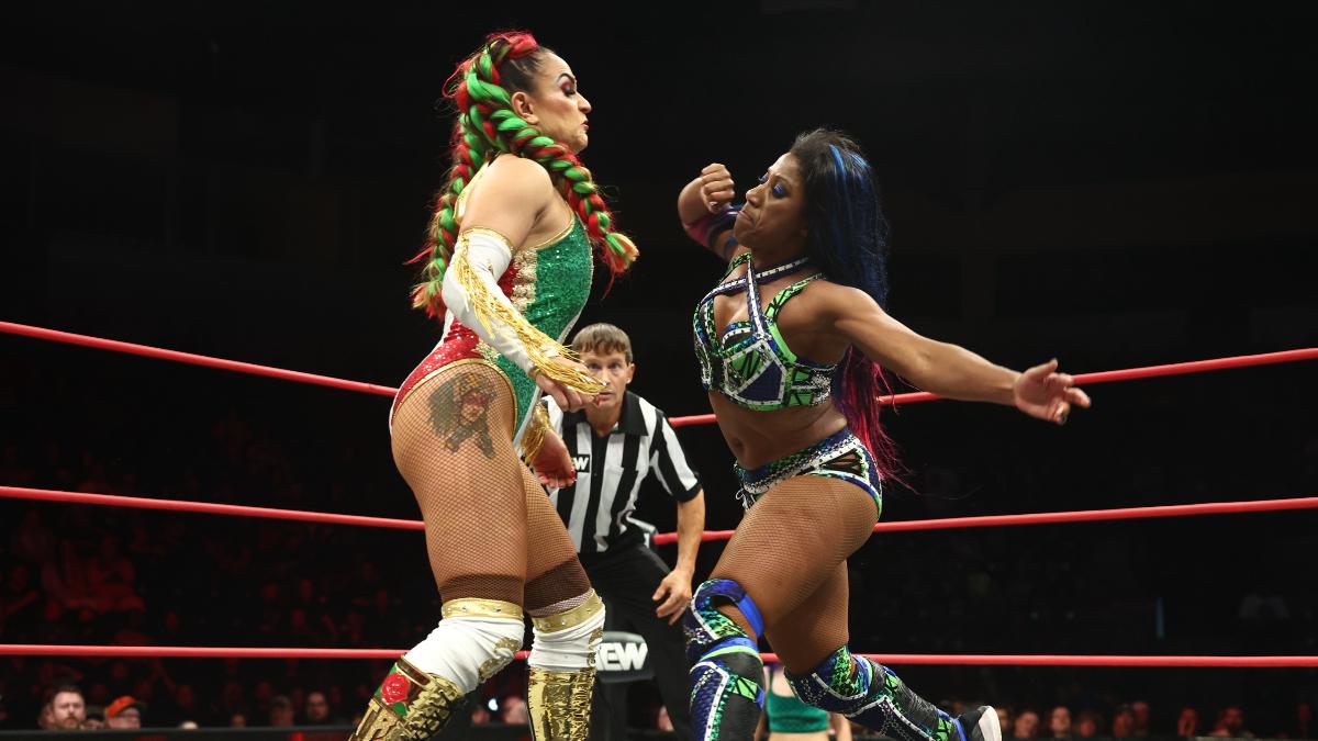 Athena going for a punch to Thunder Rosa on AEW Collision