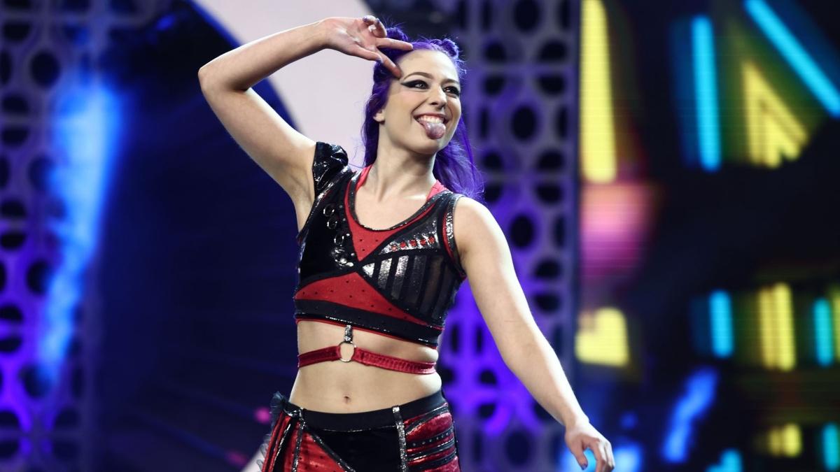 AEW star Billie Starkz sticks her tongue out while making her entrance before a match on Collision