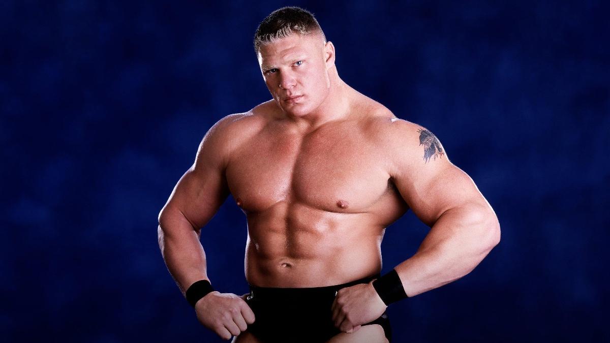 Brock Lesnar posing for a photoshoot in black trunks in 2003