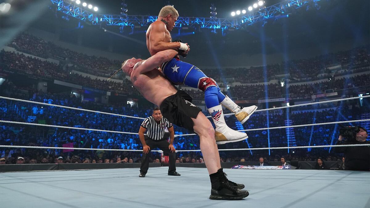 Brock Lesnar hitting a German Suplex to Cody Rhodes at WWE Backlash 2023