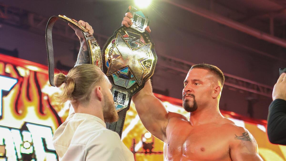 Bron Breakker and Tyler Bate facing off at WWE NXT Heatwave 2022