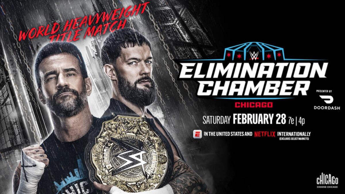 A match graphic for CM Punk versus Finn Balor at WWE Elimination Chamber 2026