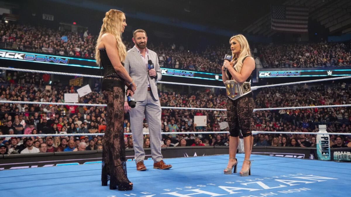 Tiffany Stratton and Charlotte Flair in a SmackDown ring 