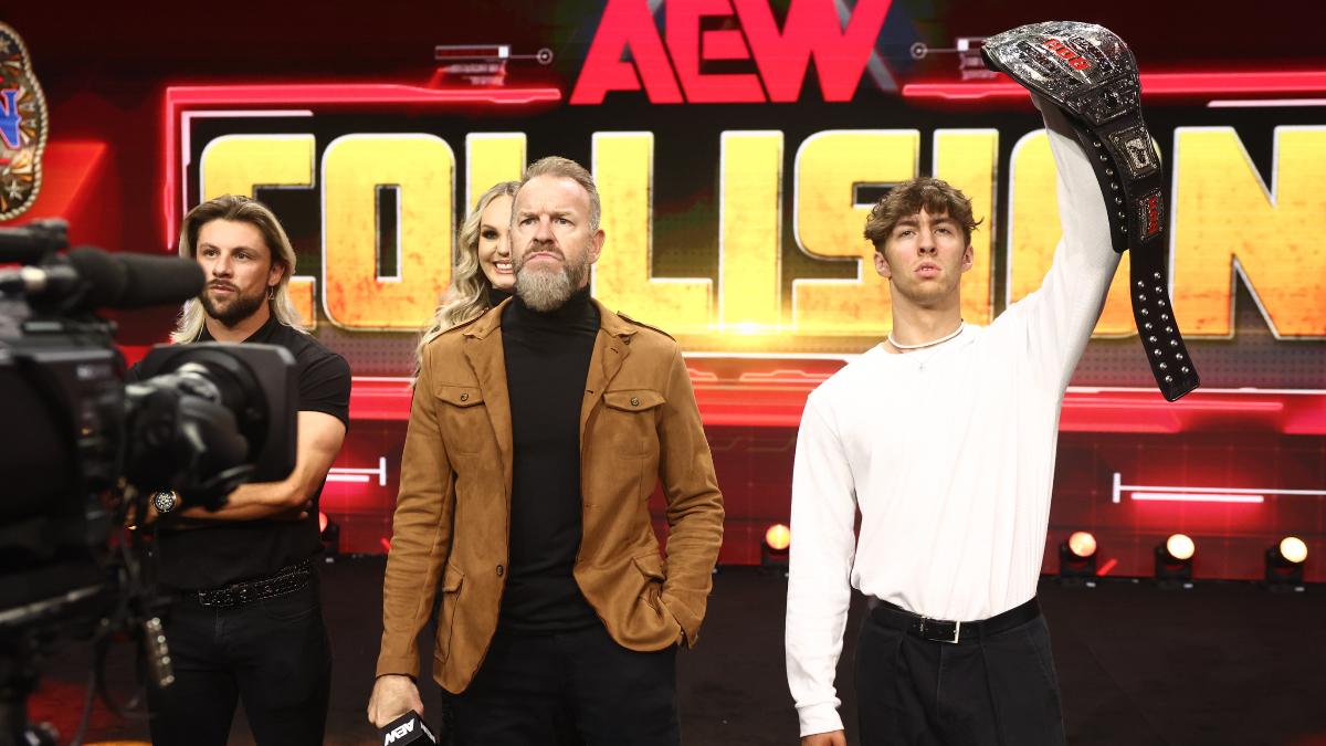 Christian Cage and Nick Wayne on AEW Collision, with Wayne holding up the ROH World Television Title