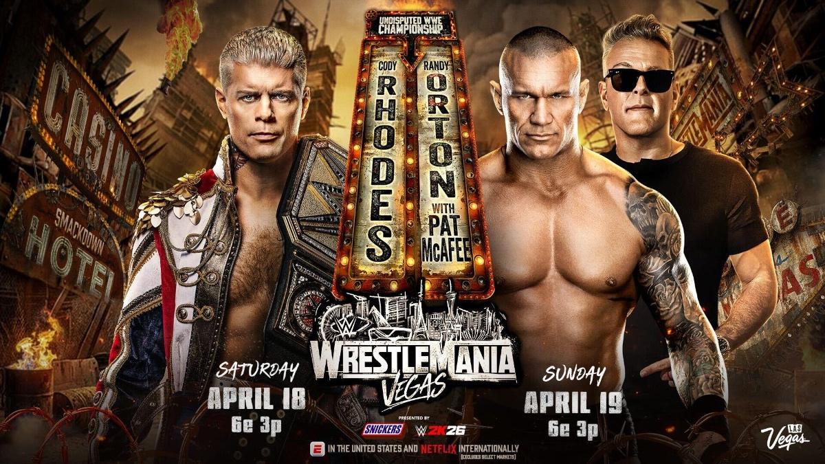 Cody Rhodes vs. Randy Orton with Pat McAfee graphic for WWE WrestleMania 42