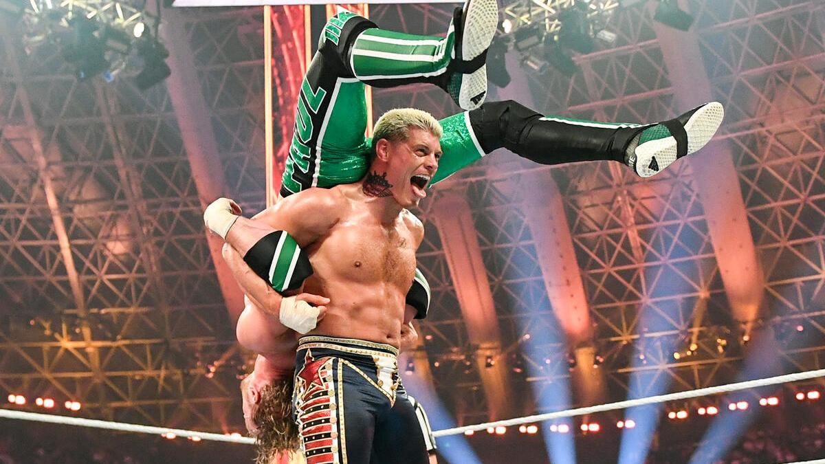 Cody Rhodes hitting a Vertebreaker to Logan Paul at WWE King & Queen of the Ring