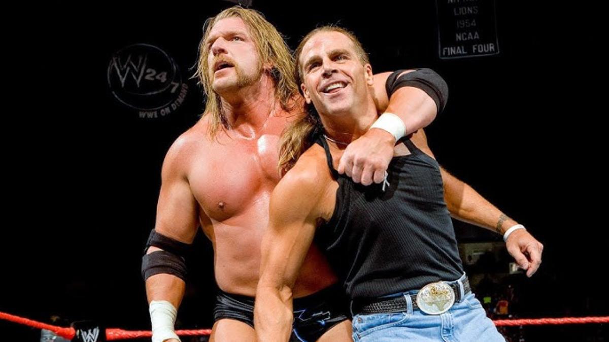Shawn Michaels and Triple H hugging on 2006 episode of Raw after reforming D-Generation X