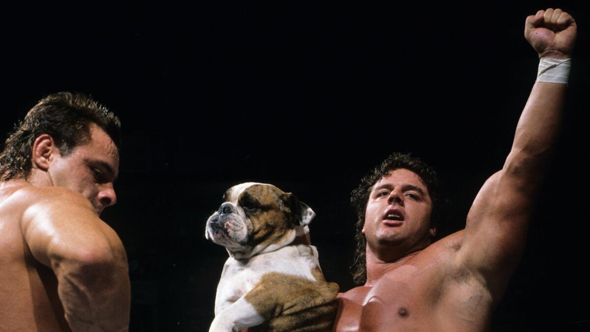 Davey Boy Smith raising his hand in celebration while holding a bulldog