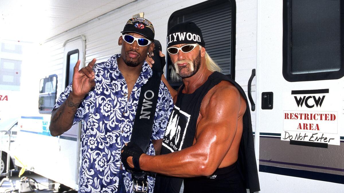 Dennis Rodman with Hulk Hogan in WCW posing for a photo