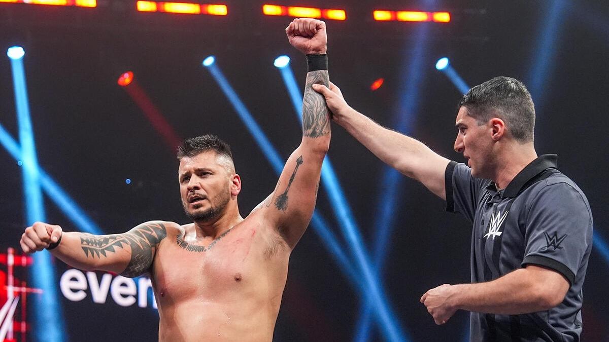 NXT star Eddy Thorpe has his hand raised by the referee after beating Trick Williams at Vengeance Day 2025