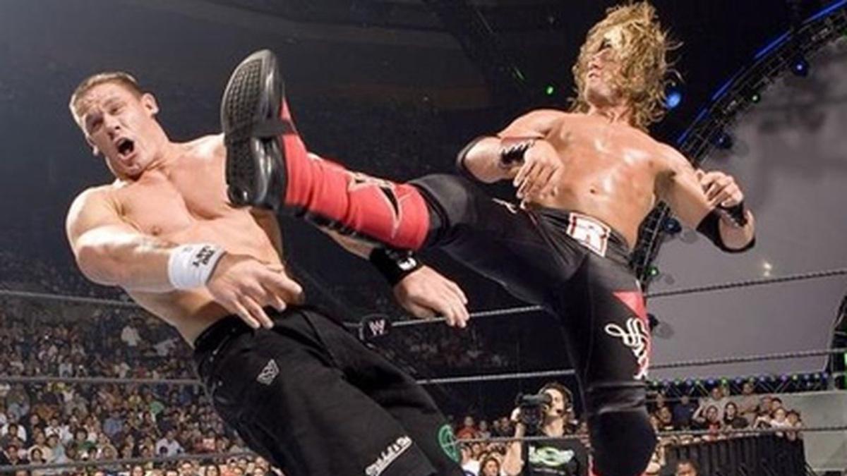 Edge kicking John Cena in the head at SummerSlam 2006