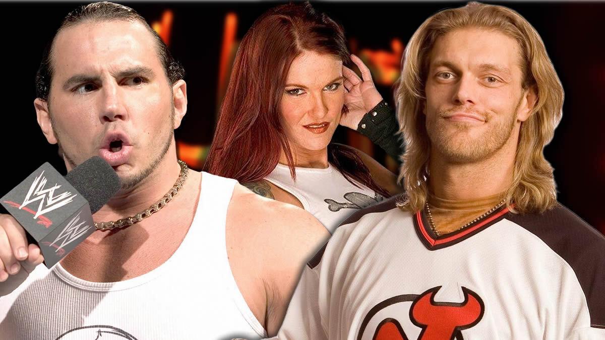 Graphic with Matt Hardy on the left, Edge on the right, and Lita behind them