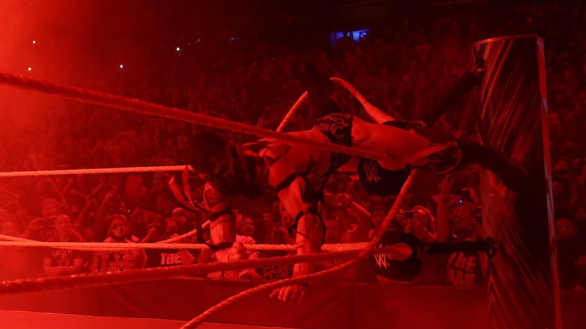 Finn Balor tumbling into the ring at WWE Extreme Rules 2021