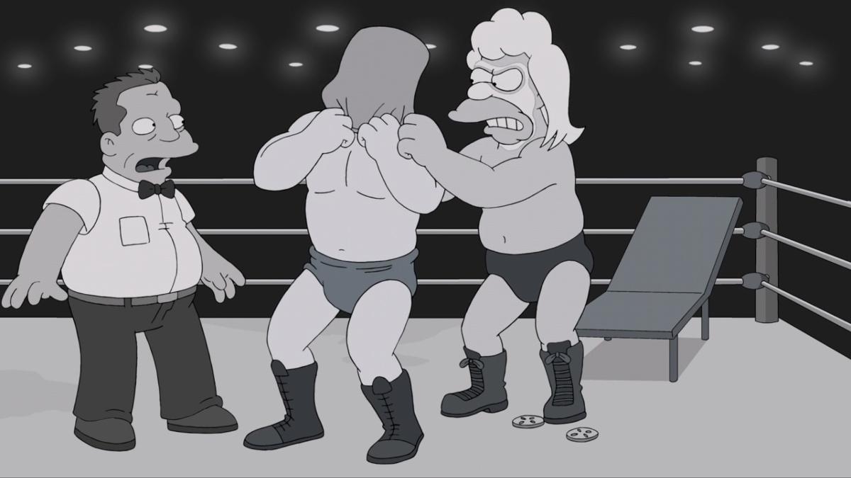 Glamorous Godfrey chokes a pro wrestling opponent by placing a sack over their head on The Simpsons