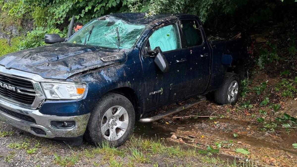 A wrecked Dodge Ram which belongs to Charles Wright