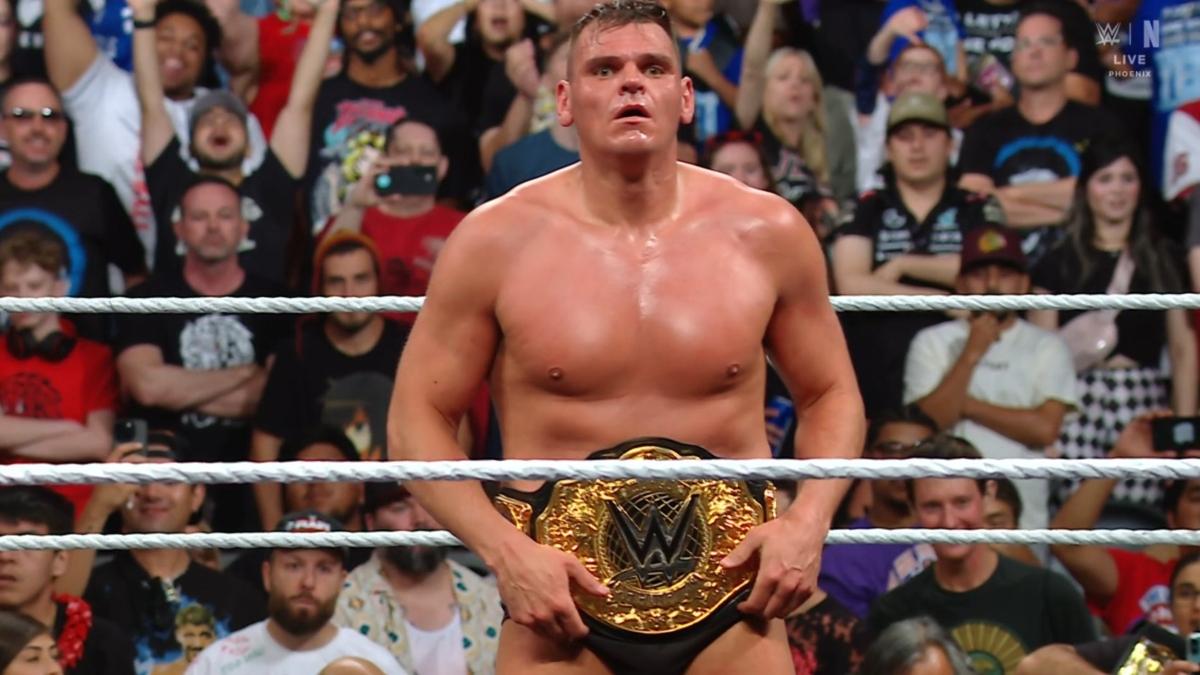 WWE star Gunther holds the World Heavyweight Championship belt after winning it from Jey Uso