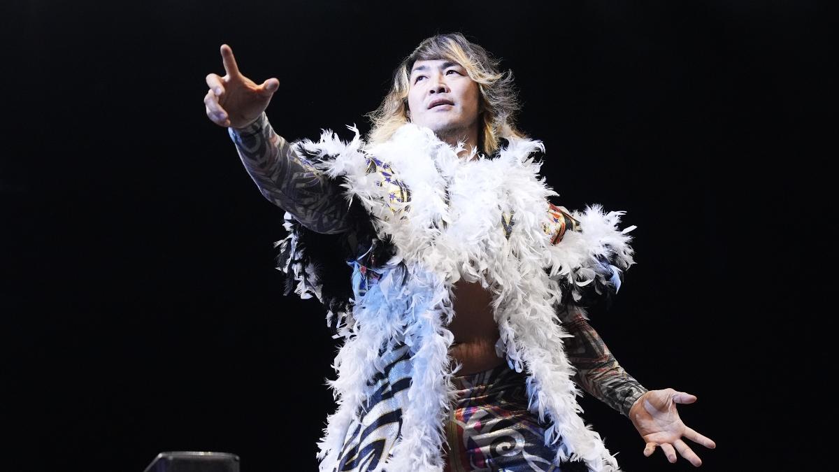 Hiroshi Tanahashi stands on the middle rope and poses during his entrance prior to a match on AEW Collision in 2024