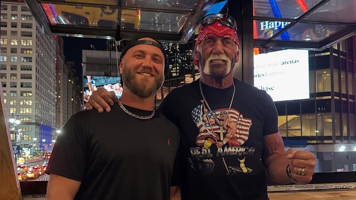 Hulk Hogan and Nick Hogan posing for a photo in New York City