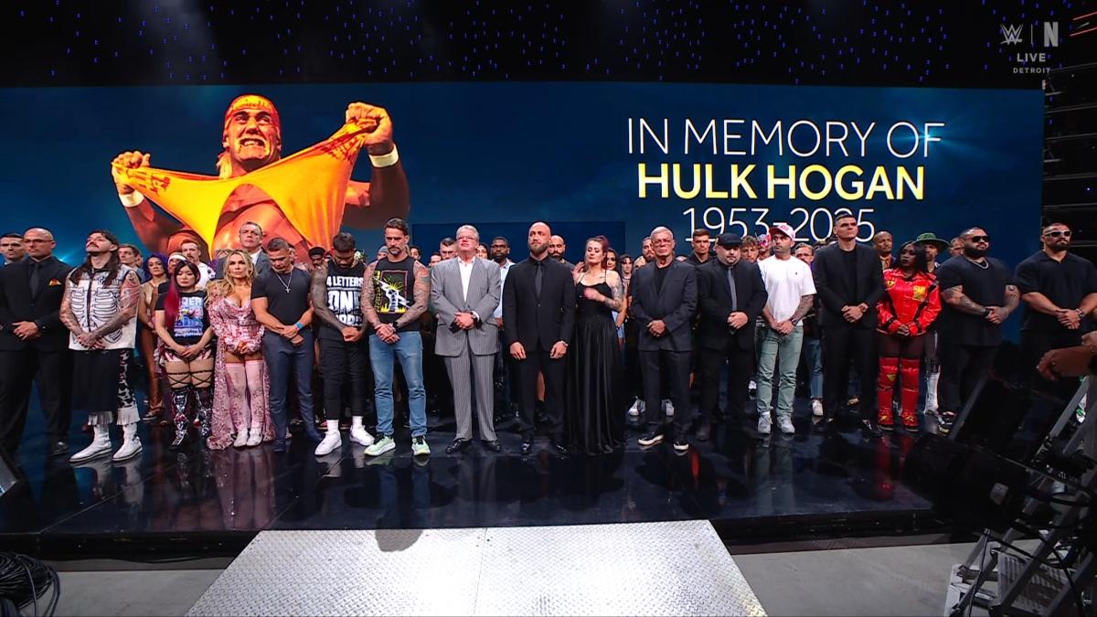 Tribute to Hulk Hogan on WWE Raw with the roster stood on the stage