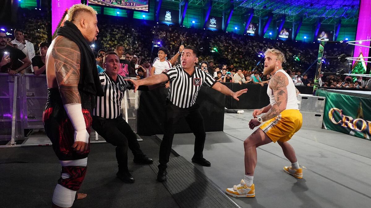 Jake Paul facing off with Solo Sikoa at WWE Crown Jewel 2022