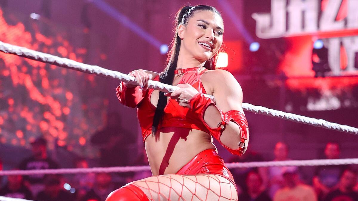 WWE NXT star Jazmyn Nyx holds the top rope as she makes her entrance prior to a match on Level Up