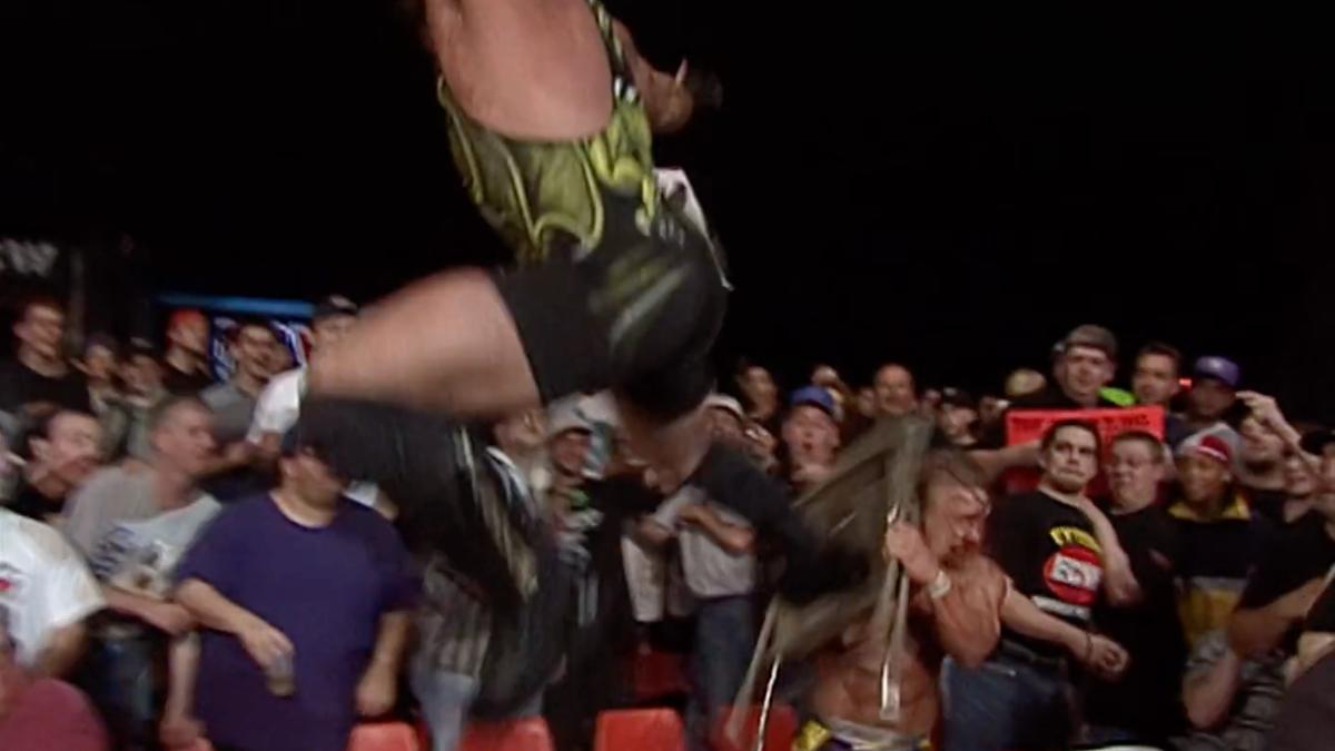 Rob Van Dam kicking a steel chair into Jerry Lynn's face at ECW Hardcore Heaven 1999