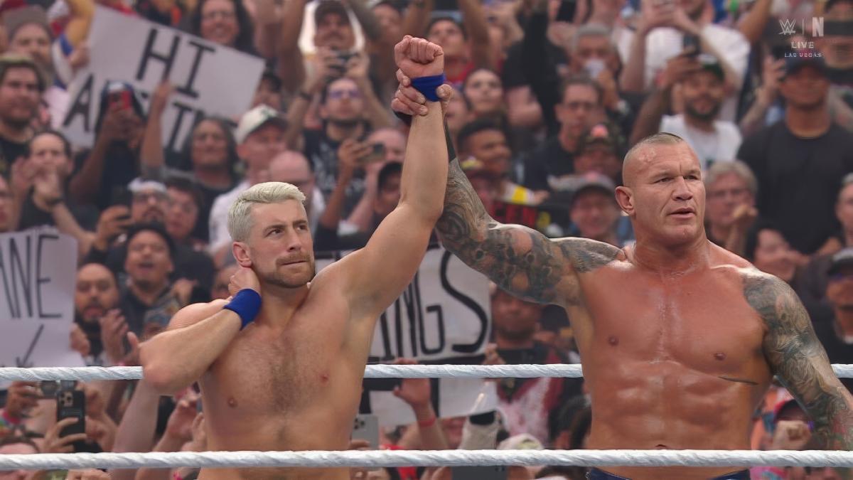 Randy Orton raising Joe Hendry's arm at WWE WrestleMania 41