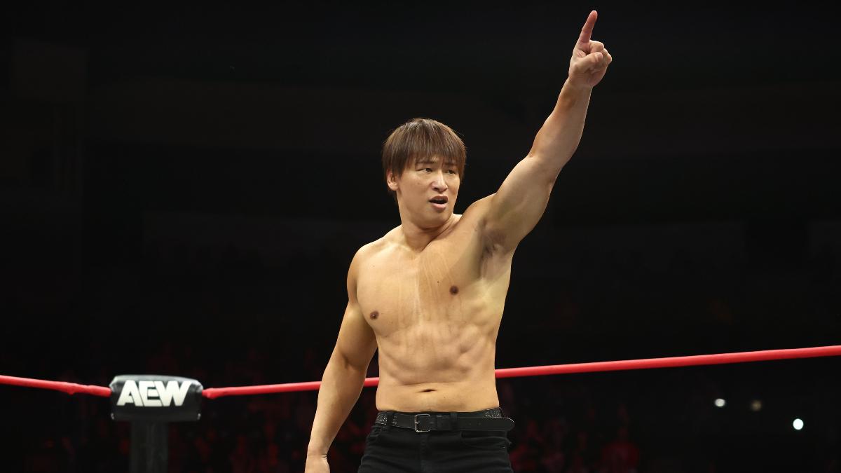 Kota Ibushi in an AEW ring points to the audience off camera