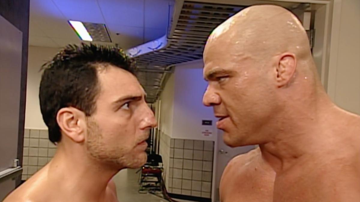 Kurt Angle staring angrily at a scared Nunzio