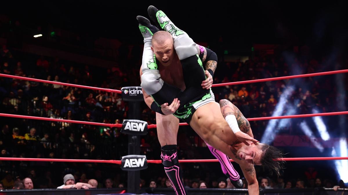 Zachary Wentz hitting Kyle Fletcher with a hurricanrana on AEW Collision