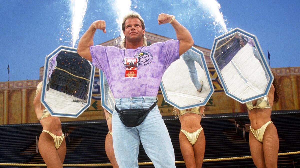 WWE star Lex Luger, wearing street clothes, rehearses his entrance prior to WrestleMania 9