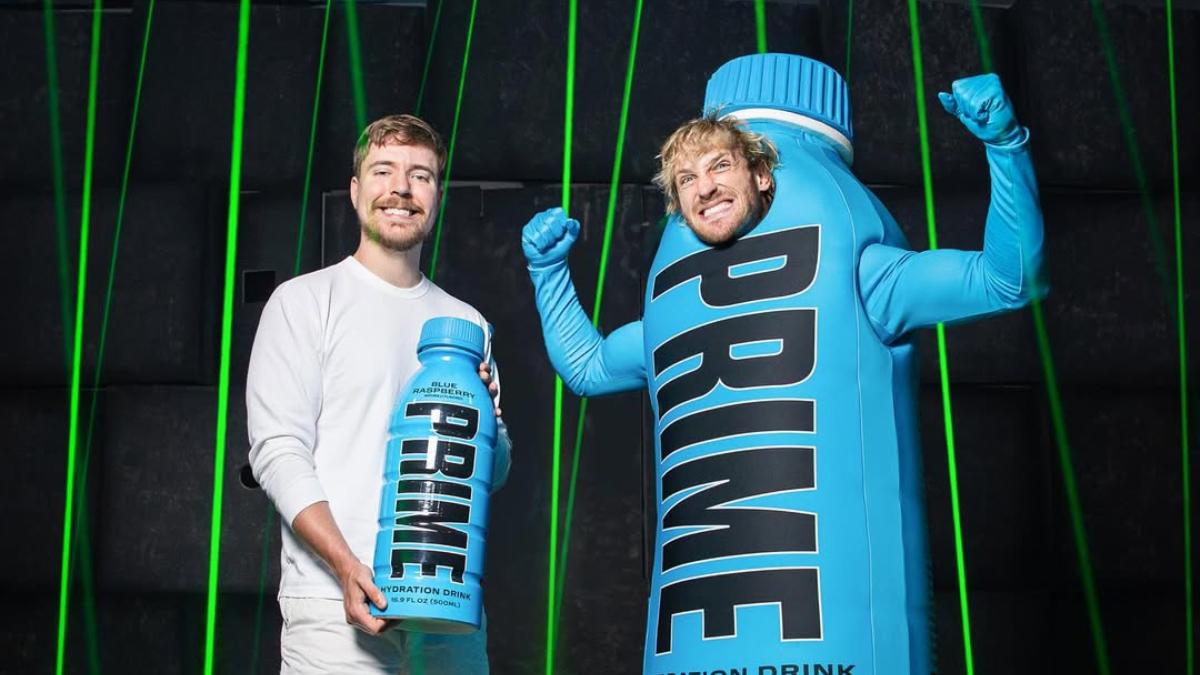 Logan Paul dressed as a giant PRIME bottle with MrBeast 