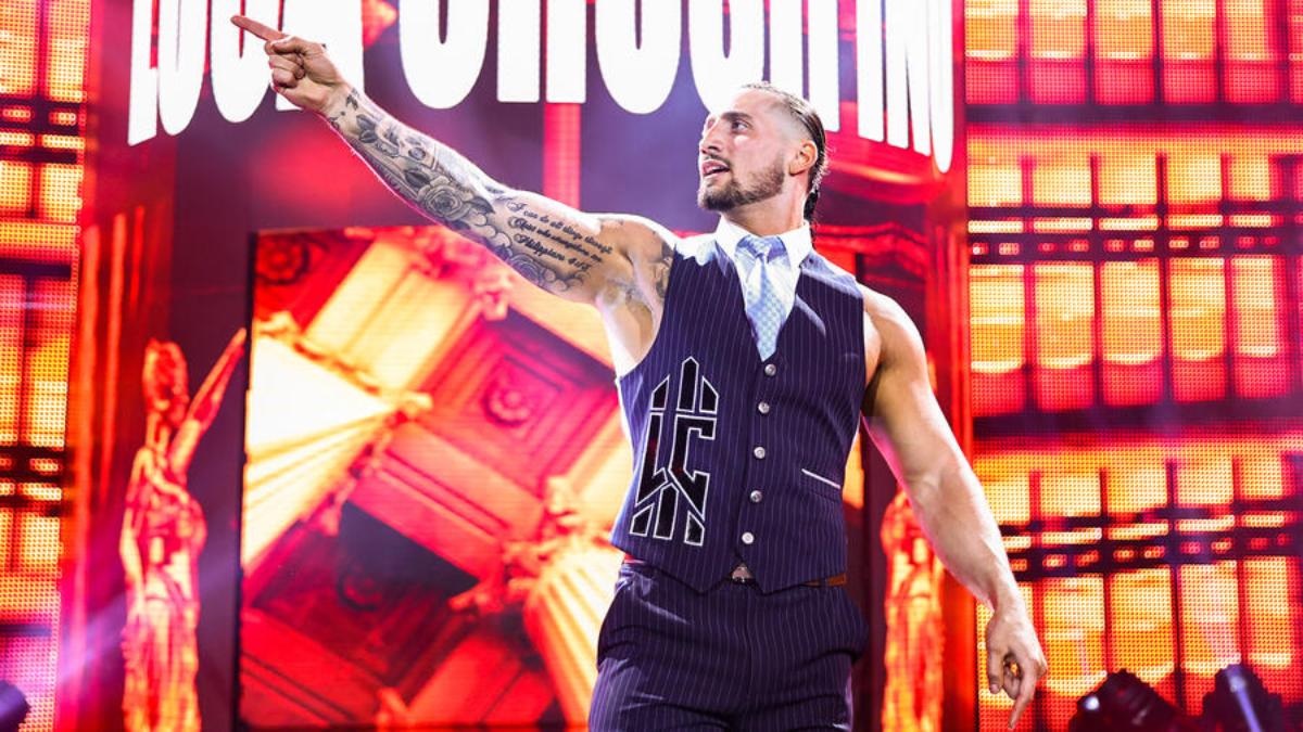Luca Crusifino wearing a suit vest on WWE NXT