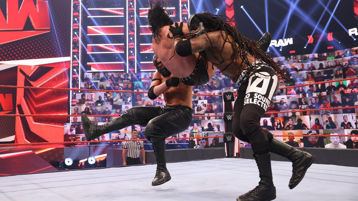 Mace and T-Bar attacking Drew McIntyre on WWE Raw after WrestleMania 37