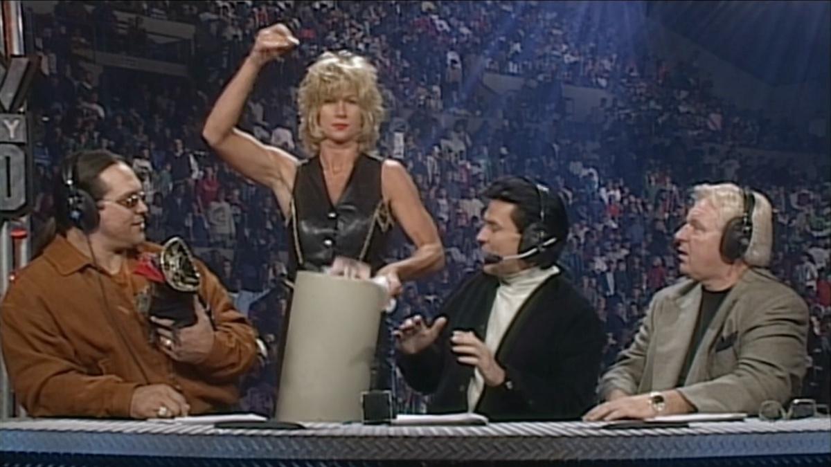 Madusa putting the WWE Women's Title in a trash can on WCW Monday Nitro