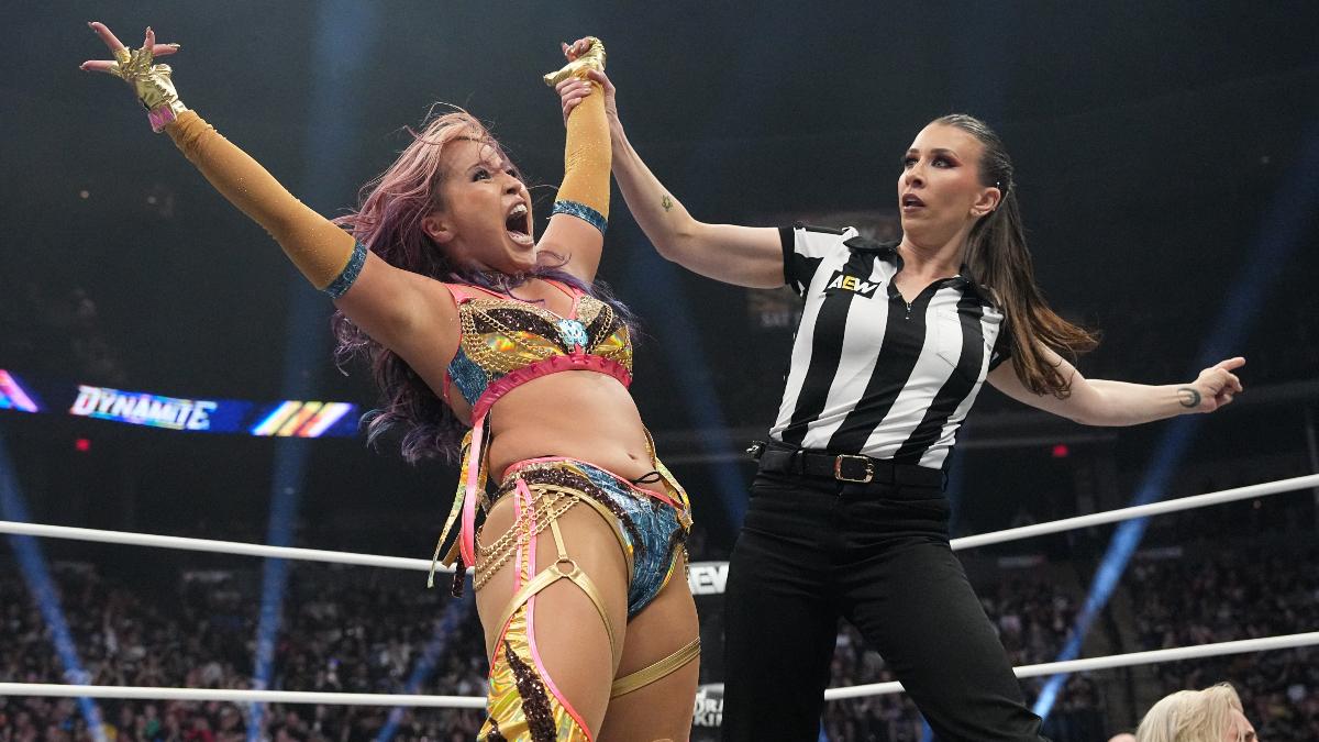 Mina Shirakawa celebrating as Aubrey Edwards looks shocked on May 14 episode of AEW Dynamite 