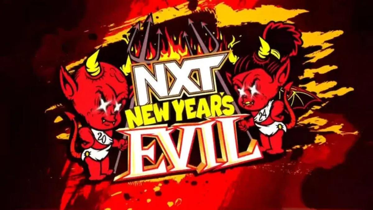 Logo for NXT New Years Evil featuring two devils 