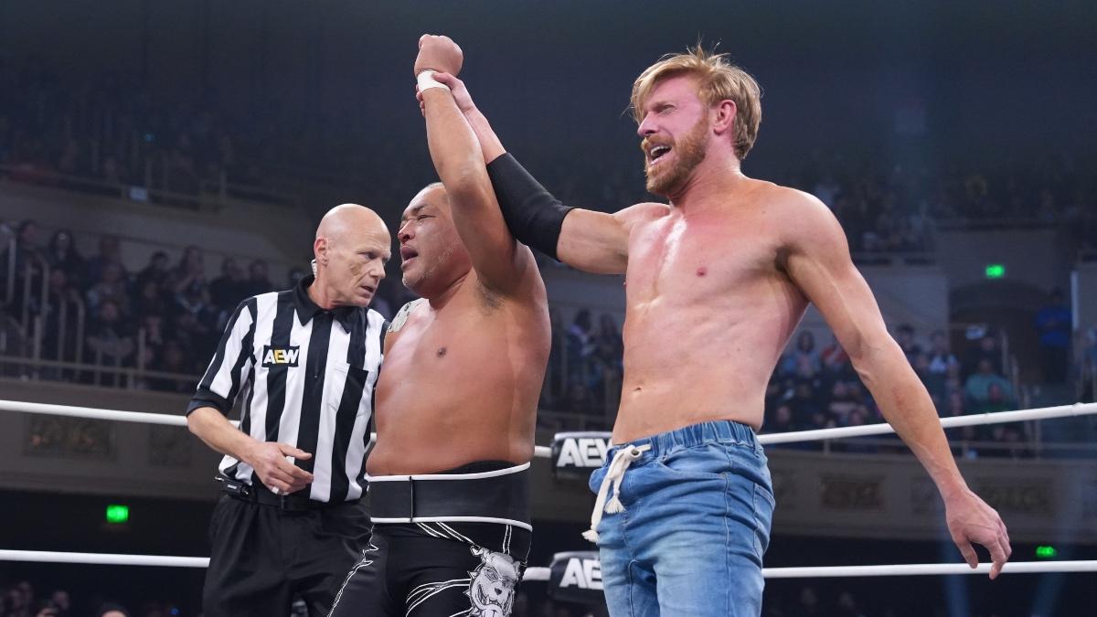 Orange Cassidy raising Tomohiro Ishii's arm on AEW Dynamite