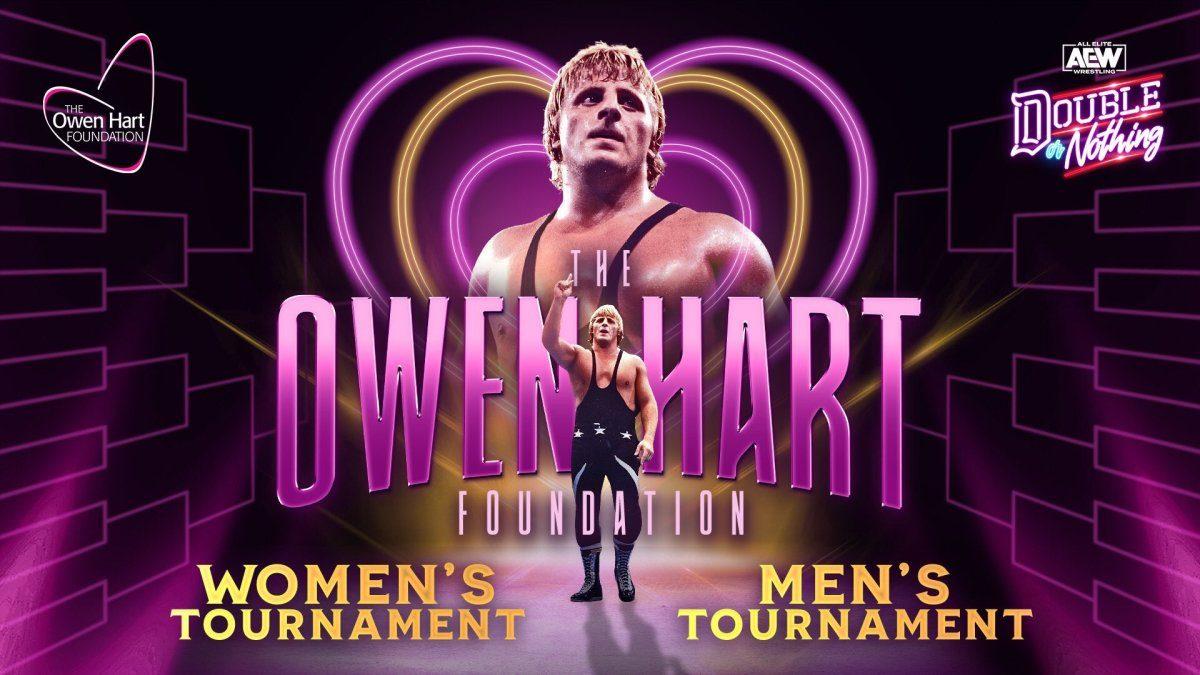 Logo for the AEW Owen Hart Foundation Tournament, with Owen at the top surrounded by neon hearts.