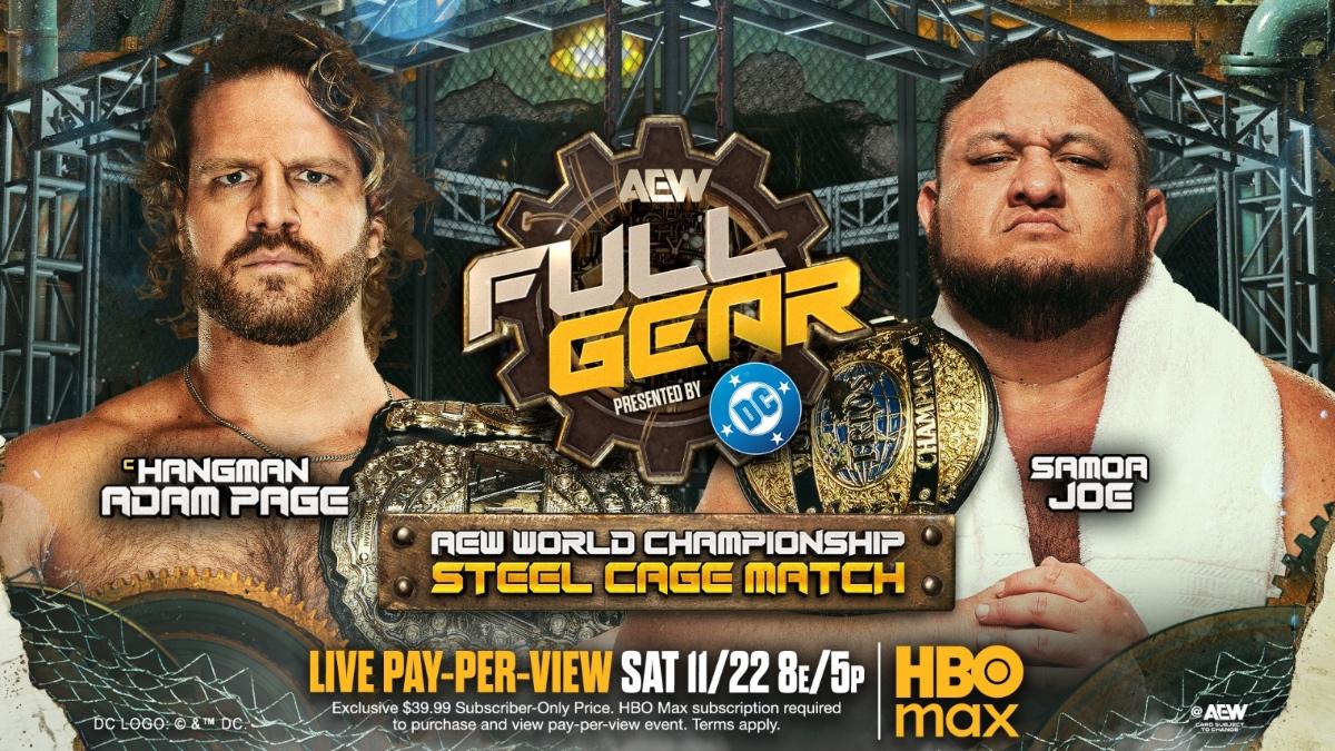 Graphic for Hangman Page vs. Samoa Joe in a Steel Cage match at AEW Full Gear