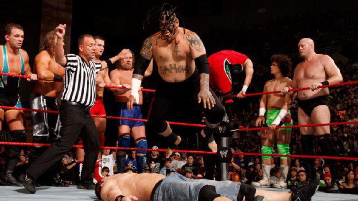 Umaga hitting a splash on John Cena on March 17, 2008 episode of WWE Raw